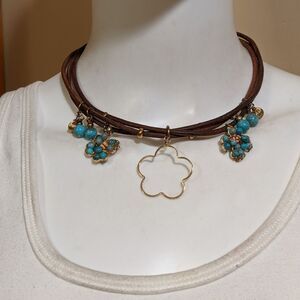 Hand crafted boho bead & rawhide/twig charm choker  necklace